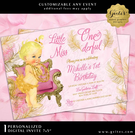 Printable Miss Onederful Pink Lava Gold Watercolor Feathers Royal First Birthday Invitation