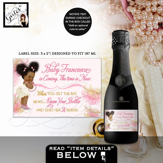 Pink and Gold MINI Champagne Labels Baby Shower/ the time is near/ favors afro puffs african american baby girl DIGITAL 3x2 9 Per Sheet Il_570xn