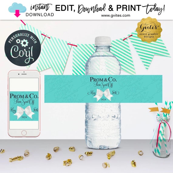 Prom & Co Blue Digital Water Bottle Labels.