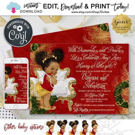 Christmas Baby Shower Invitation Afro Puffs Natural Hair Vintage Theme Winter. 7x5"