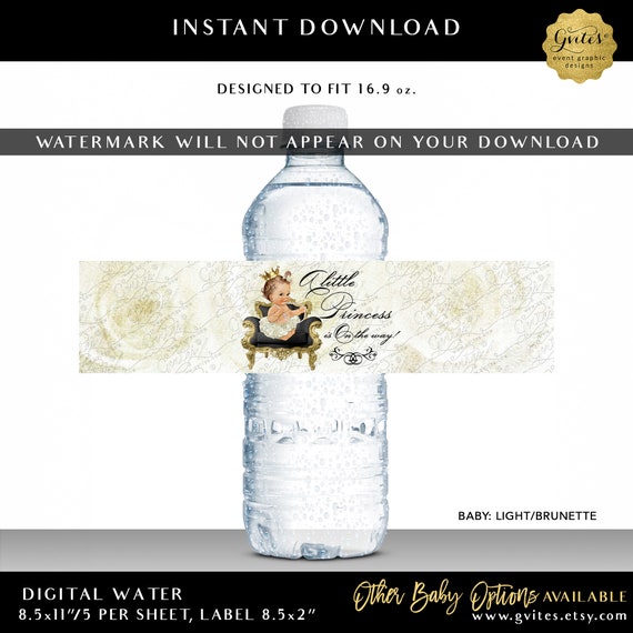 Ivory Black & Gold Printable Water Bottle Labels Princess Baby: Light/Brunette  | A Little Princess is On The Way | Instant Download 8.5x2"