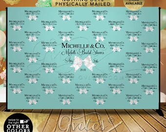 Bridal Shower Step and Repeat Backdrops Breakfast. Turquoise blue White bow Shown in Size: 10'ft x 8'ft