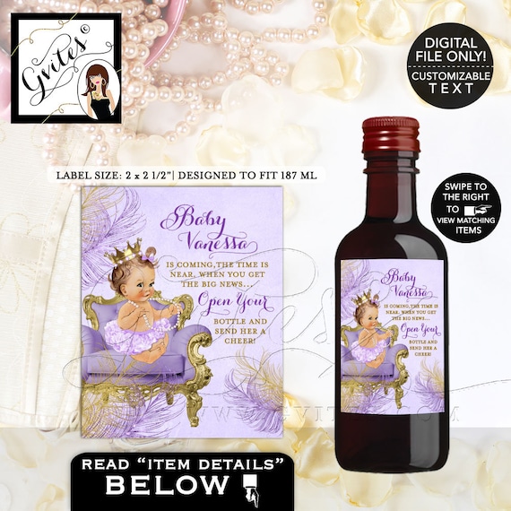 MINI Wine Labels Baby Shower/ lavender and gold/ the time is near/ favors stickers party bottle wrappers label/ digital {2x2.5 12 Per Sheet}