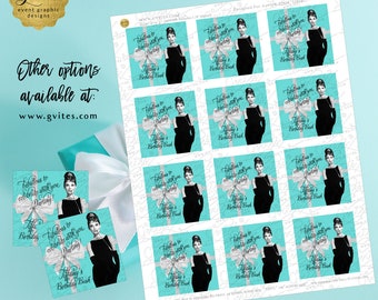 Printable Custom Thank You 60th Birthday Audrey Hepburn Gift Labels/Stickers/ Breakfast at co blue little black dress  2x2" 12/Per Sheet