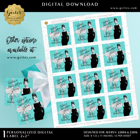 Printable Custom Thank You 60th Birthday Audrey Hepburn Gift Labels/Stickers/ Breakfast at co blue little black dress  2x2" 12/Per Sheet