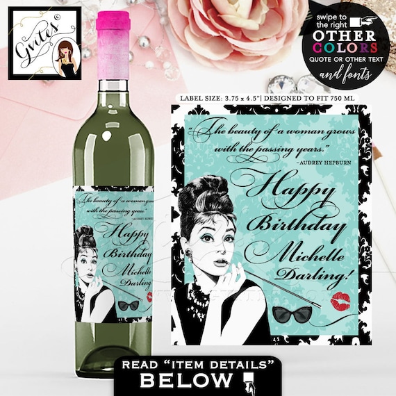 Breakfast Themed Happy Birthday Darling Wine Label - Audrey Hepburn PERSONALIZED wine labels. PRINTABLE {3.75x4.5"/ 4 Per Sheet}