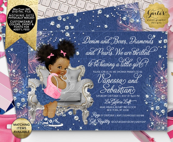 Denim Bows Diamonds and Pearls Baby Shower Printable Invite | Pink and Silver Afro Puffs 7x5"