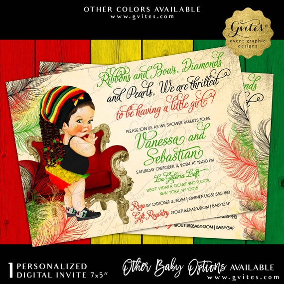 Rasta Baby Shower Jamaican Girl Printable Invitation 7x5"