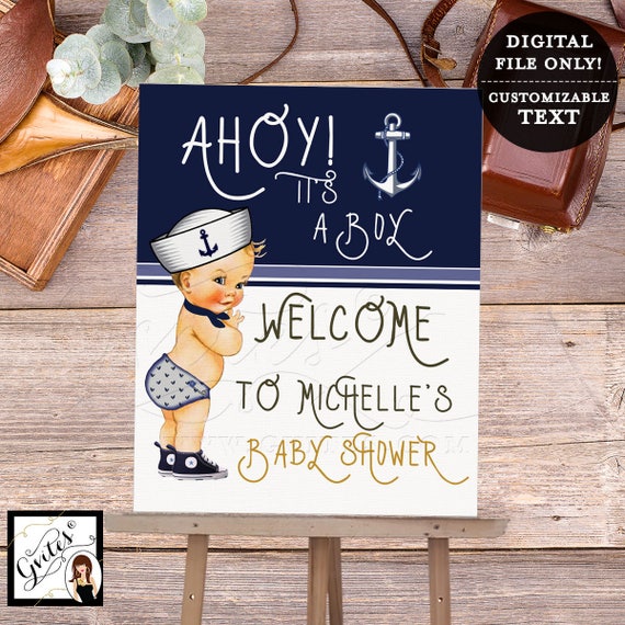 Nautical Baby Shower Welcome Sign/ Decoration/ Poster/ Banner/ Decor/ Little sailor printable/ navy blue and white/ 20x24"