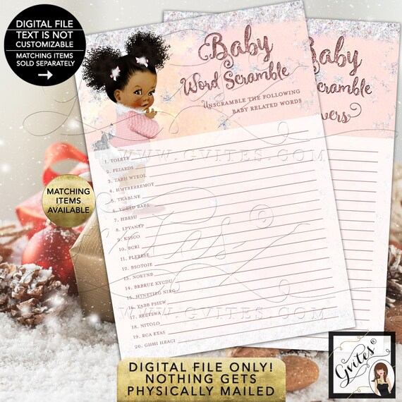 Baby Word Scramble Game Baby Winter Wonderland Pink Silver/ it's Cold Outside/ African American 5x7" 2 Per Sheet {INSTANT DOWNLOAD}