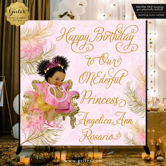 Pink Gold Afro Princess Happy Birthday Backdrop Design Customizable Text by Gvites.