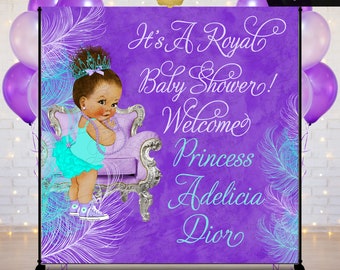 A Royal Princess Feather Purple Turquoise Backdrop Baby Shower | Digital Printable File JPG + PDF