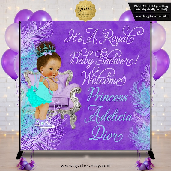 A Royal Princess Feather Purple Turquoise Backdrop Baby Shower | Digital Printable File JPG + PDF