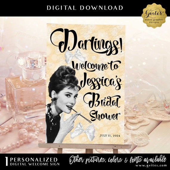 Custom Bridal Shower Welcome Sign Audrey Hepburn Black & White Photo Gold Bokeh Background | Printable Poster Venue Decoration | Digital