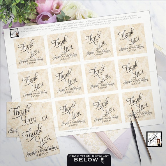 Thank You Tags Labels Bridal Shower Party Favors Gold Stickers, Fall, Vintage pearls lace ivory lace PRINTABLE wedding 2x2" 12/Per Sheet.