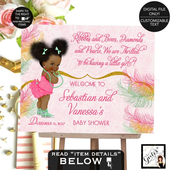 Baby Shower Welcome Sign/ Pink & Mint Green Baby Banner/ African American Girl Cute Vintage Baby/ Pink and Gold Afro Puffs High Tops