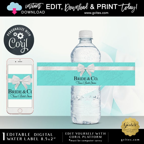 Blue Water Bottle Label For Bridal/Baby Shower. Party Favor/Stickers/Bride & Co Theme. {Instant Download} Edit Yourself with Corjl Platform.