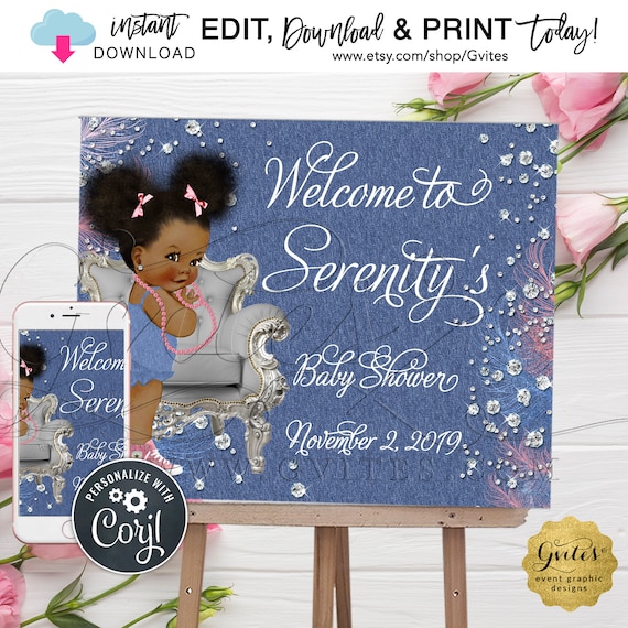 Welcome Baby Shower Sign Denim & Diamonds. Blue Jean/Pink and Silver | Natural Hair Afro Puffs with Ribbon {10x8"/ 20x16"}