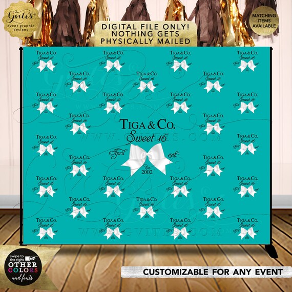 Sweet 16 Teal Blue Step and Repeat Backdrops | Breakfast at bridal shower | Turquoise blue white bow | Birthday and co backdrops