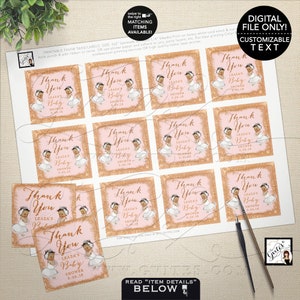Twins Baby Douche Gepersonaliseerde Digitale Dank U Labels Stickers 2x2" Rose Gold en Blush Pink Glitter