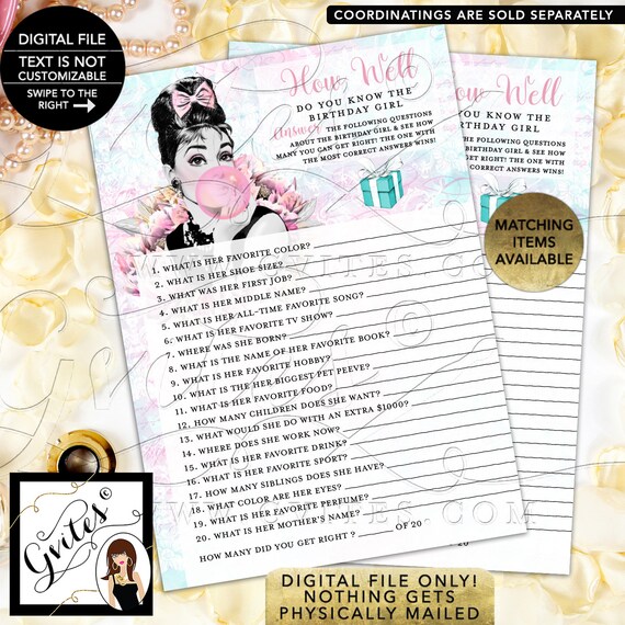 Audrey Hepburn Pink Bubble Gum Birthday Printable Game Cards. How well do you know the birthday girl? 5x7" 2/Per Page