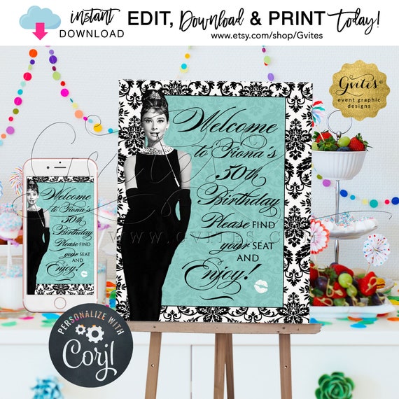 Birthday Party Welcome Sign Poster/ Audrey Hepburn Party Signs 40th 50th 60th / Breakfast at Blue & Co themed. Edit w/Corjl {16x20"}