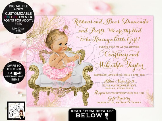 Pink & Gold Baby Girl Shower Invitation Vintage Pink Tutu Pearl *Other Baby Options Available