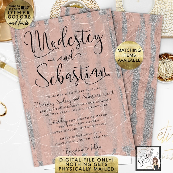 Wedding Watercolor Blush & Silver Invitation. Winter/Spring/Modern Invites/Calligraphy/Pink Mauve Glitter. 5x7"