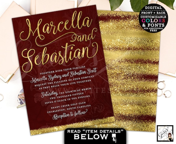 Burgundy Wine/Red & Gold Wedding Watercolor Printable Invitation / Winter/Holiday/New Years Theme.