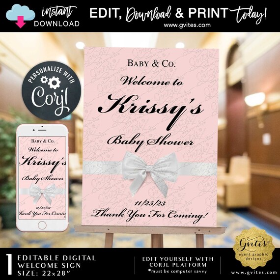 Editable Baby & Co Welcome Sign Shower Blush Pink White Bow. Digital Design Template Foam Board Poster For Easel Gvites 22x28"