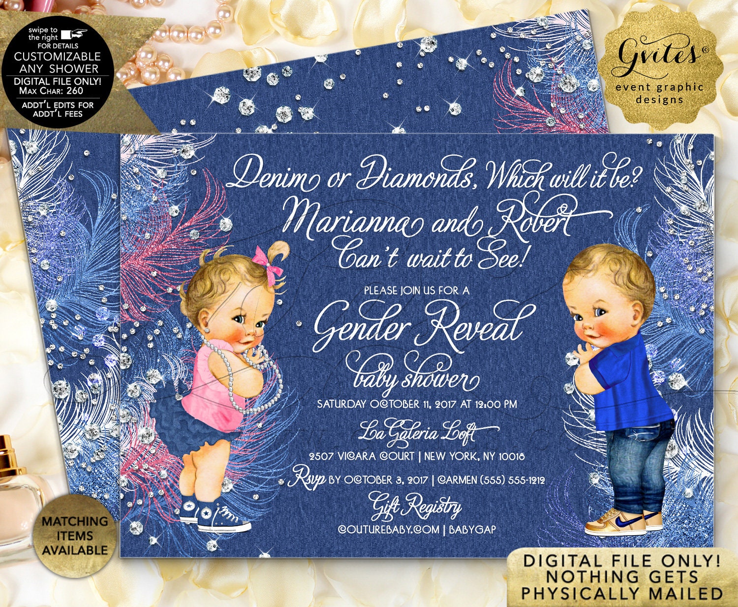 Denim Or Diamonds Gender Reveal Baby Shower Invitations Jpg