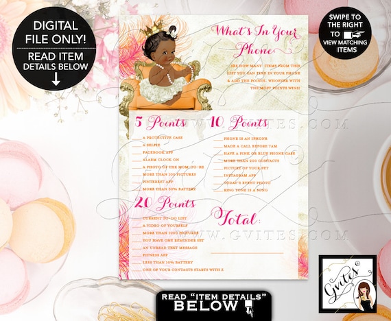 What's In Your Phone Baby Shower Printable Games/ Pink Orange & Ivory/ Princess Girl Vintage Gold Crown Pearls/ Ethnic Baby Invitations