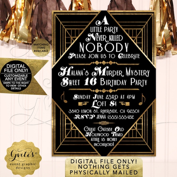 Murder Mystery Sweet Sixteen Birthday Party Invitation | Art Deco/ Vintage/ The Great Gatsby | Printable JPG + PDF