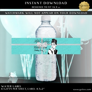 Personalized Water Bottle Labels Audrey Hepburn 30th Birthday Party Breakfast at Blue Theme Digital Download 8.5x2 image 1