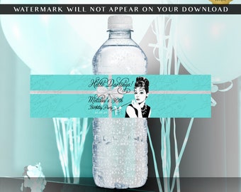 Personalized Water Bottle Labels Audrey Hepburn 30th Birthday Party Breakfast at Blue Theme | Digital Download 8.5x2"