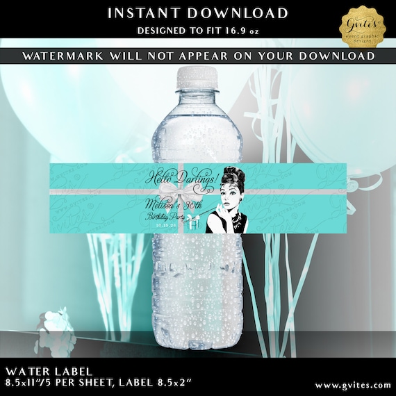 Personalized Water Bottle Labels Audrey Hepburn 30th Birthday Party Breakfast at Blue Theme | Digital Download 8.5x2"