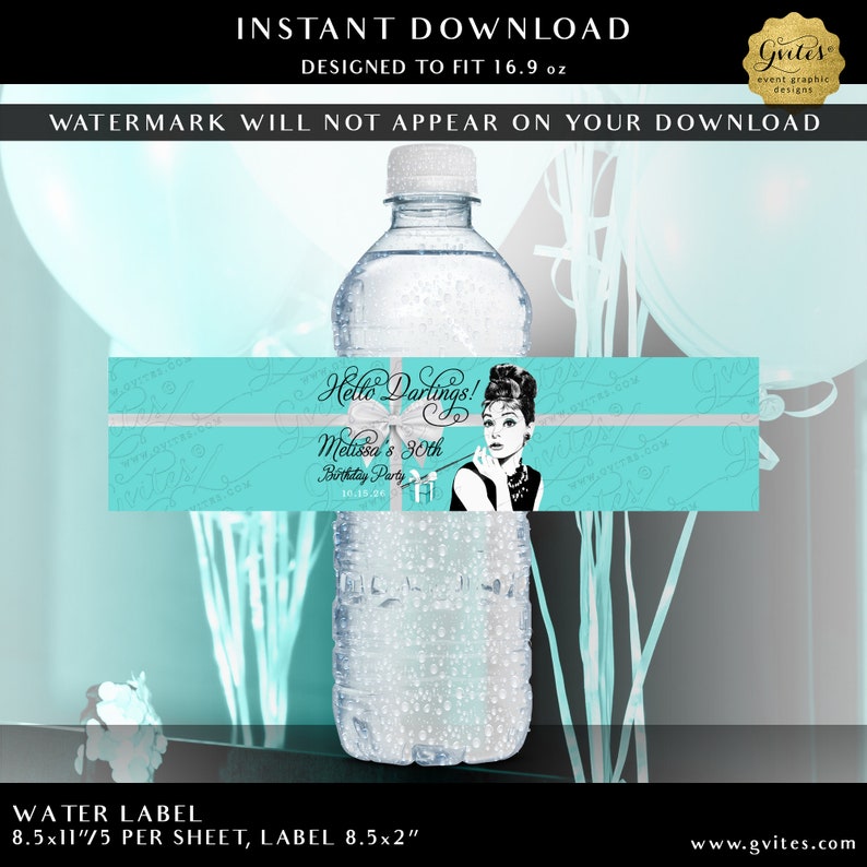 Personalized Water Bottle Labels Audrey Hepburn 30th Birthday Party Breakfast at Blue Theme Digital Download 8.5x2 image 1