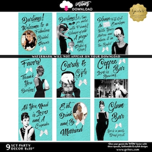 May include: A set of nine turquoise party signs featuring black and white imagery of a woman in a black dress, pearls, and gloves. The signs include text such as Darlings! Welcome to a Fabulous Bridal Shower, Cards & Gifts, and Glam Bar.