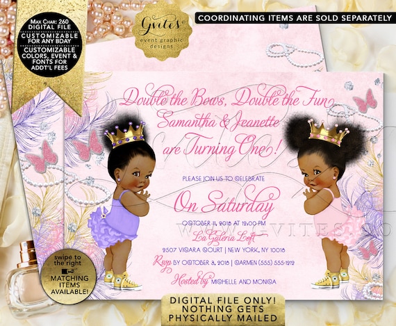 Twins Birthday Invitations | Lilac/ Purple/ Pink/ Gold/ Yellow | Diamonds Pearls Princess Digital/ Printable/ DIY 7x5" JPG + PDF