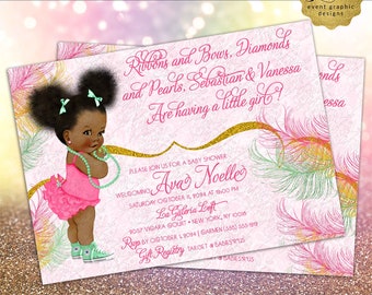 Invitación de ducha de bebé rosa y oro menta Afro Puffs Natural Baby Girl 7x5"