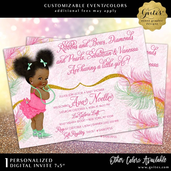 Mint Pink and Gold Baby Shower Invitation Afro Puffs Natural Baby Girl 7x5"