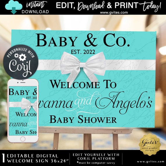 Turquoise Blue Elegant Coed Baby & Co Baby Shower Welcome Banner 36x24" 300 DPI