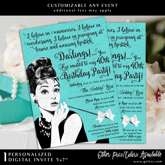 Breakfast at Birthday Party Invitations | Audrey Hepburn Vintage Blue Theme & Co Party 40th 50th 60th