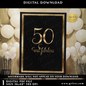Printable 50 & Fabulous Black and Gold Party Sign Banner | Gatsby 1920s Theme Decoration | 36x48&quot; JPG Digital Instant Download