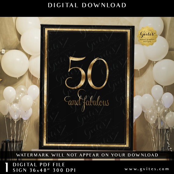 Printable 50 & Fabulous Black and Gold Party Sign Banner | Gatsby 1920s Theme Decoration | 36x48" JPG Digital Instant Download