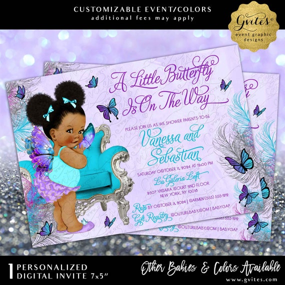 Butterfly Princess Sparkly Feathers Lavender Turquoise Baby Shower Printable Invitation 7x5"