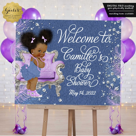 Welcome Baby Shower Denim Blue Silver and Lavender | Natural Hair Afro Puffs with Ribbon 20x16"