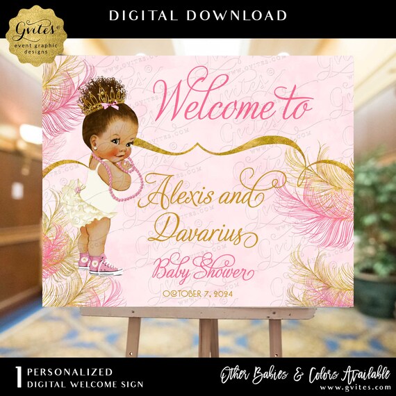 Welcome Sign Sparkly Feathers Pink & Gold Watercolor Afro Puffs Princess Baby Shower Med/Bun Curly Girl