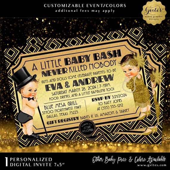 Gatsby Gender Reveal Baby Shower Invitations | Black Gold and Silver Vintage | 1920s themed Boy & Girl Printable Party Invites 7x5"