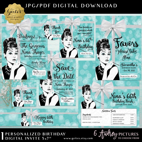 Custom Audrey Hepburn Printable Birthday Invitations | Digital Download 5x7"